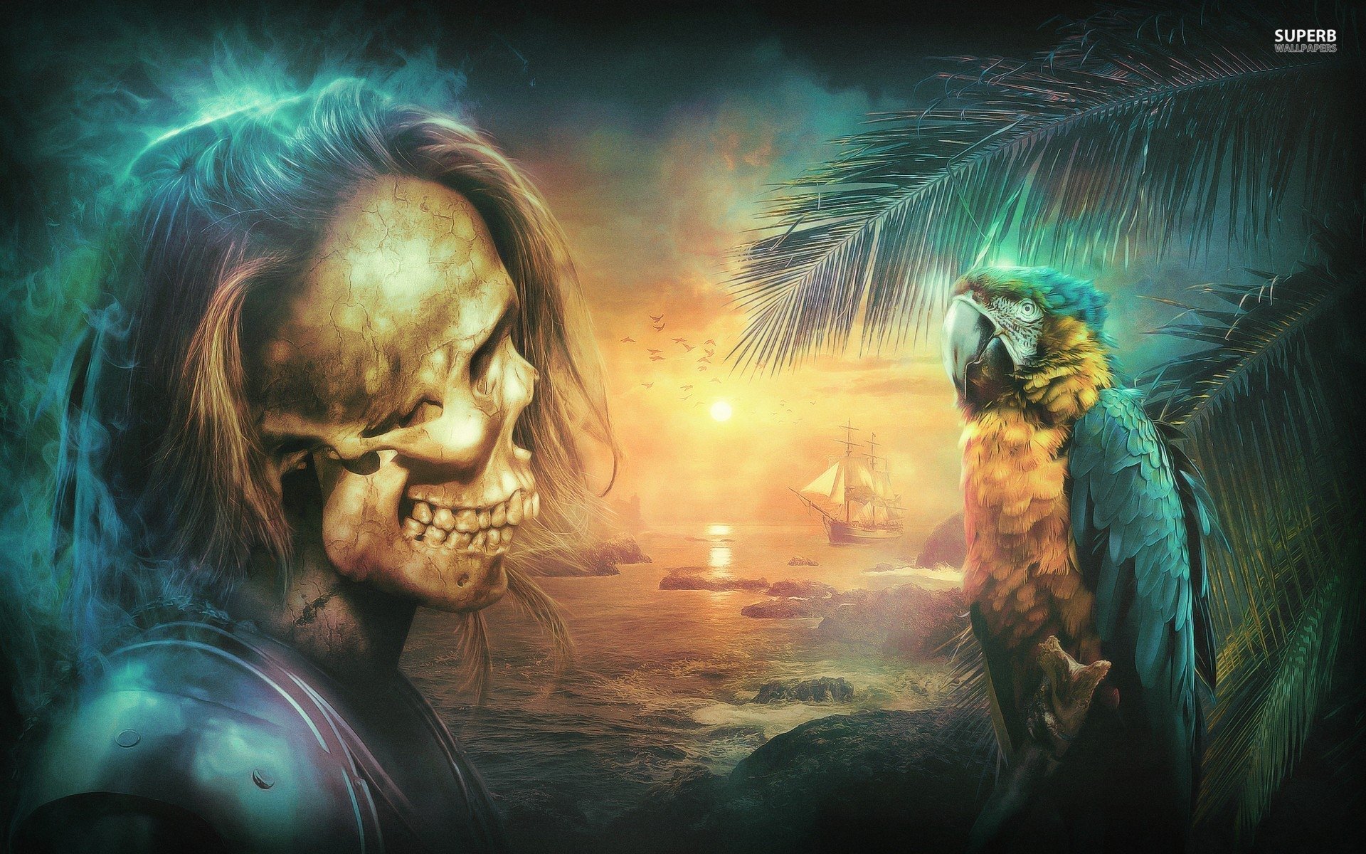A dark, eerie scene featuring a skeleton with long hair and armor facing a vibrant parrot, set against a glowing sunset with palm trees and a distant ship.