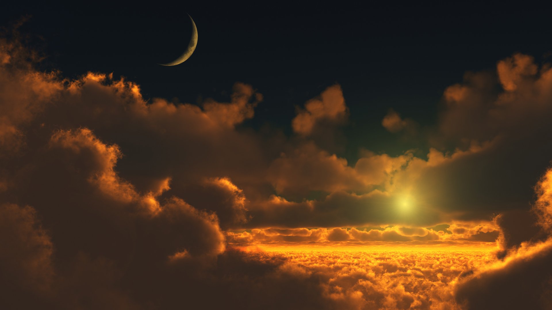 A golden sun shines through vibrant clouds, casting a warm glow against a dark sky, with a crescent moon visible in the background.