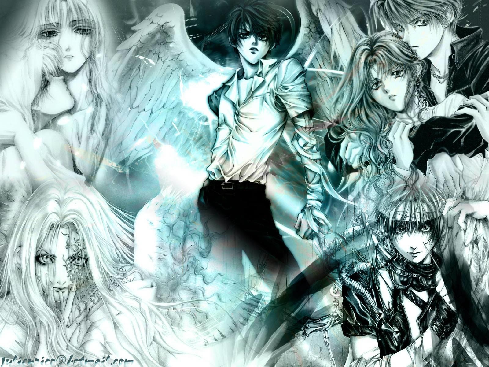 Grayscale Angel Sanctuary anime collage: a winged protagonist at center, surrounded by ethereal angels and troubled allies.