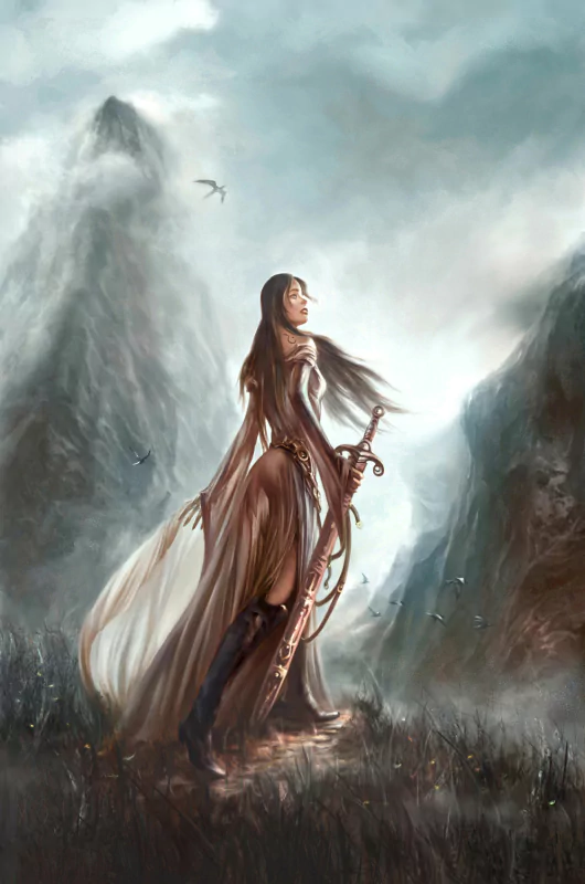 A dark fantasy scene featuring a warrior with flowing hair, wielding a sword, set against towering mountains and birds soaring in the sky.