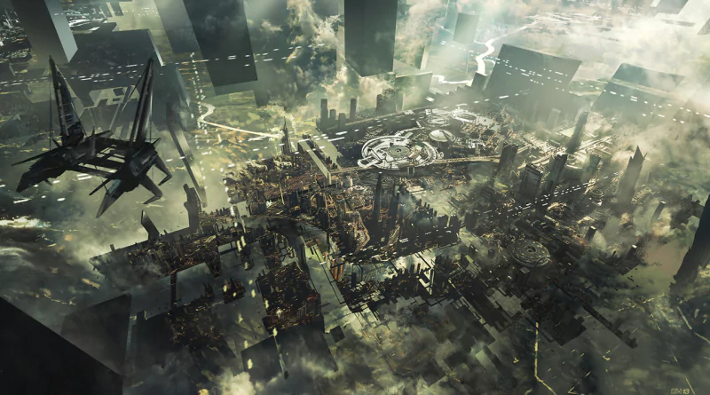 A sprawling sci-fi futuristic cityscape shrouded in mist, featuring towering skyscrapers, intricate structures, and hovering aircraft.
