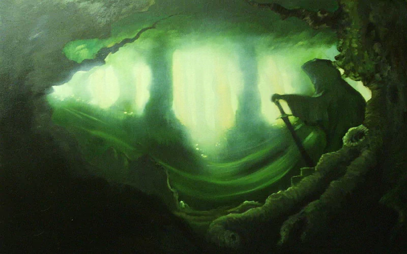 A mysterious phantom warrior stands cloaked in green, holding a sword amidst an ethereal forest, evoking a sense of fantasy and adventure.