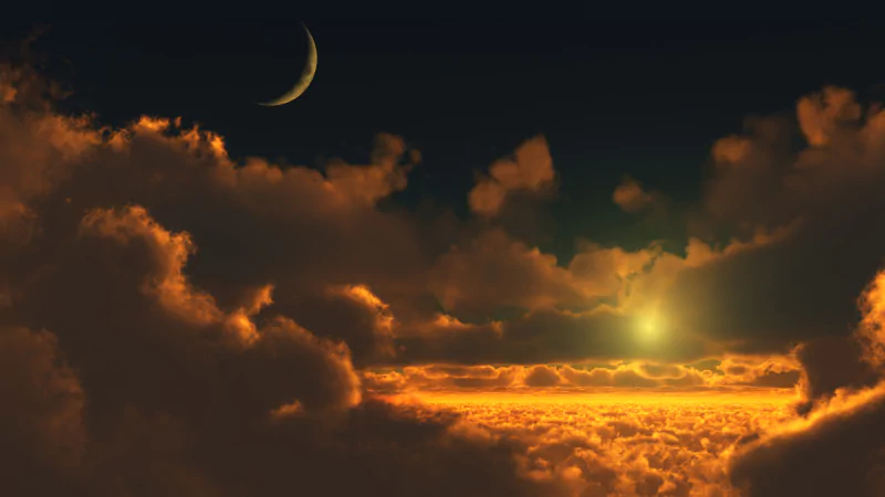 A golden sun shines through vibrant clouds, casting a warm glow against a dark sky, with a crescent moon visible in the background.
