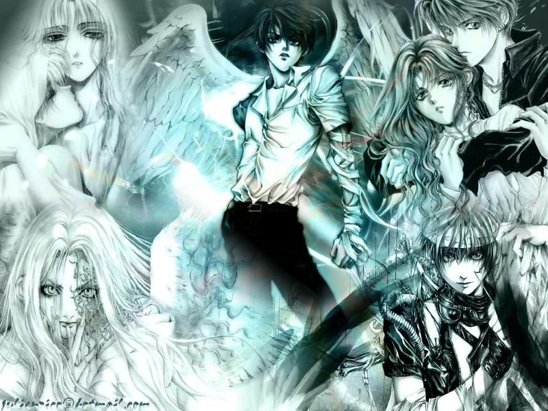 Grayscale Angel Sanctuary anime collage: a winged protagonist at center, surrounded by ethereal angels and troubled allies.