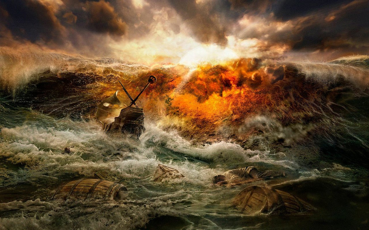 A dramatic scene of a wrecked boat amid turbulent ocean waves, with fiery explosions on the horizon, creating a turbulent fantasy atmosphere.