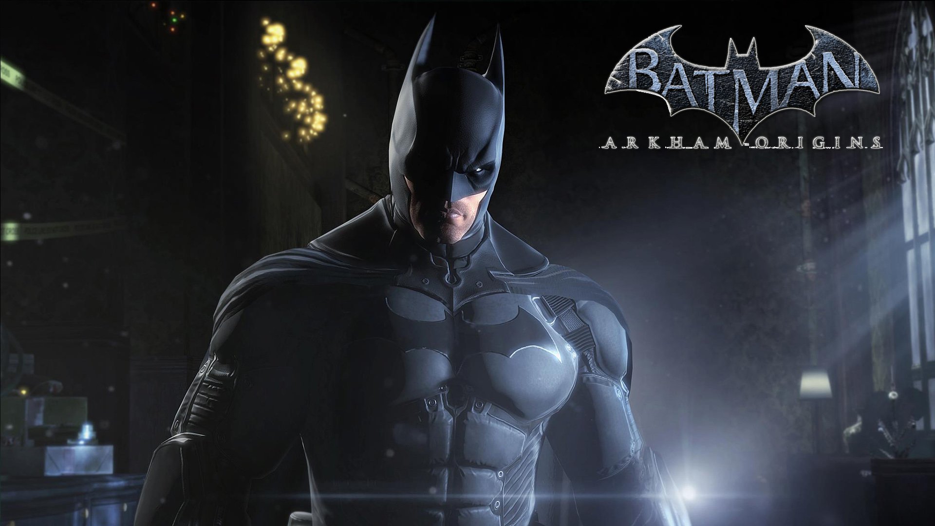 Batman stands in a dark, rainy cityscape, showcasing his armored suit and cape, with the Batman: Arkham Origins logo visible in the upper right corner.
