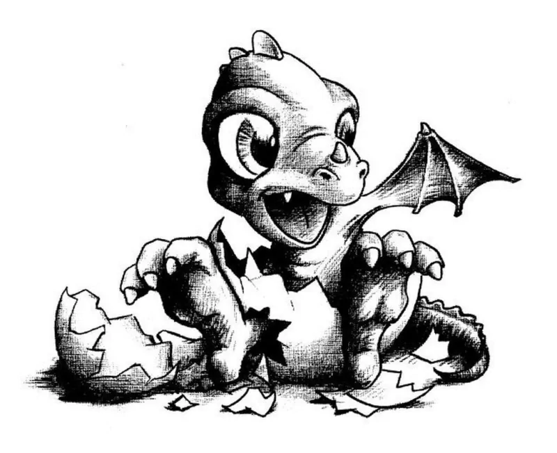 A baby dragon with tiny wings joyfully emerges from its broken eggshell, showcasing a whimsical fantasy scene filled with excitement and new beginnings.