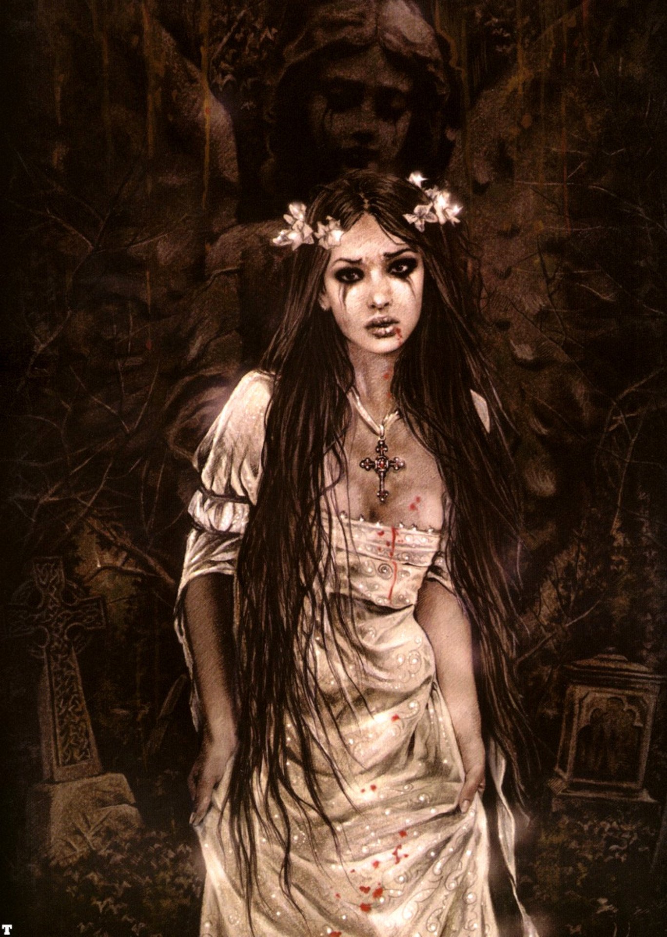 A dark, gothic artwork by Victoria Francés featuring a pale, long-haired woman in a white dress with flowers and a cross necklace, standing amid eerie tombstones and shadows.