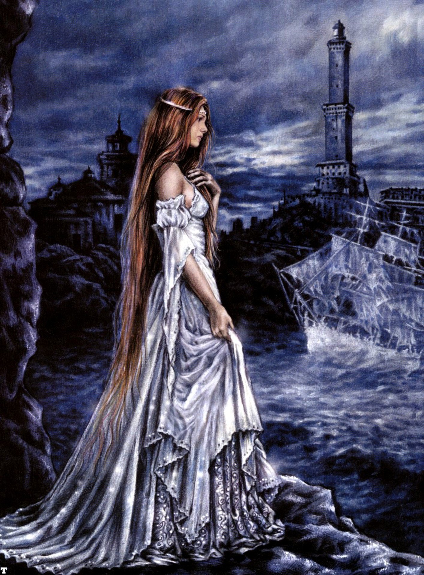 Dark Victoria Francés gothic scene: a long-haired woman in a flowing white gown stands on rocky shore under a stormy sky, a distant lighthouse looming.