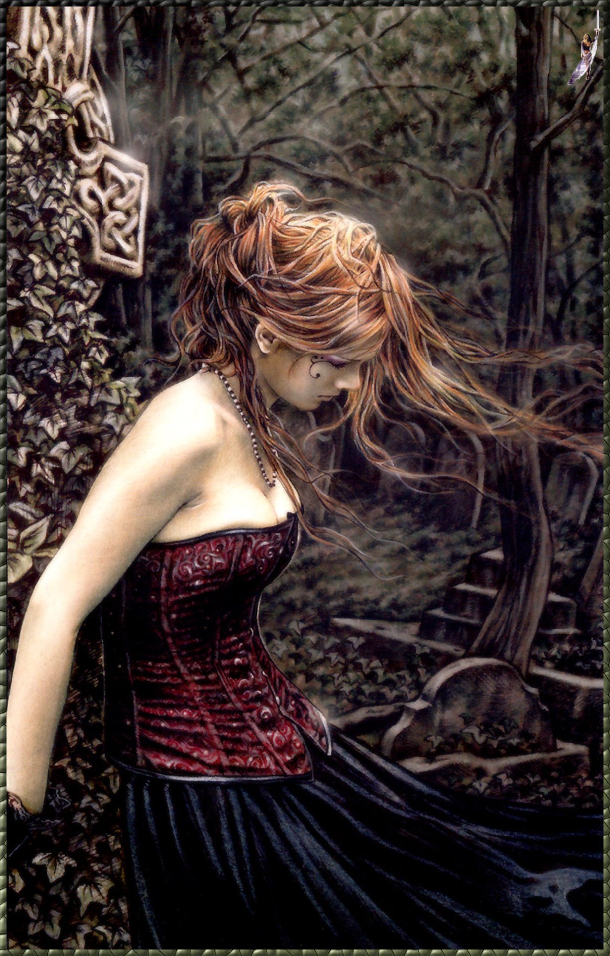 A dark, moody scene by Victoria Francés depicting a red-haired woman in a corset standing pensively in a shadowy, overgrown forest.