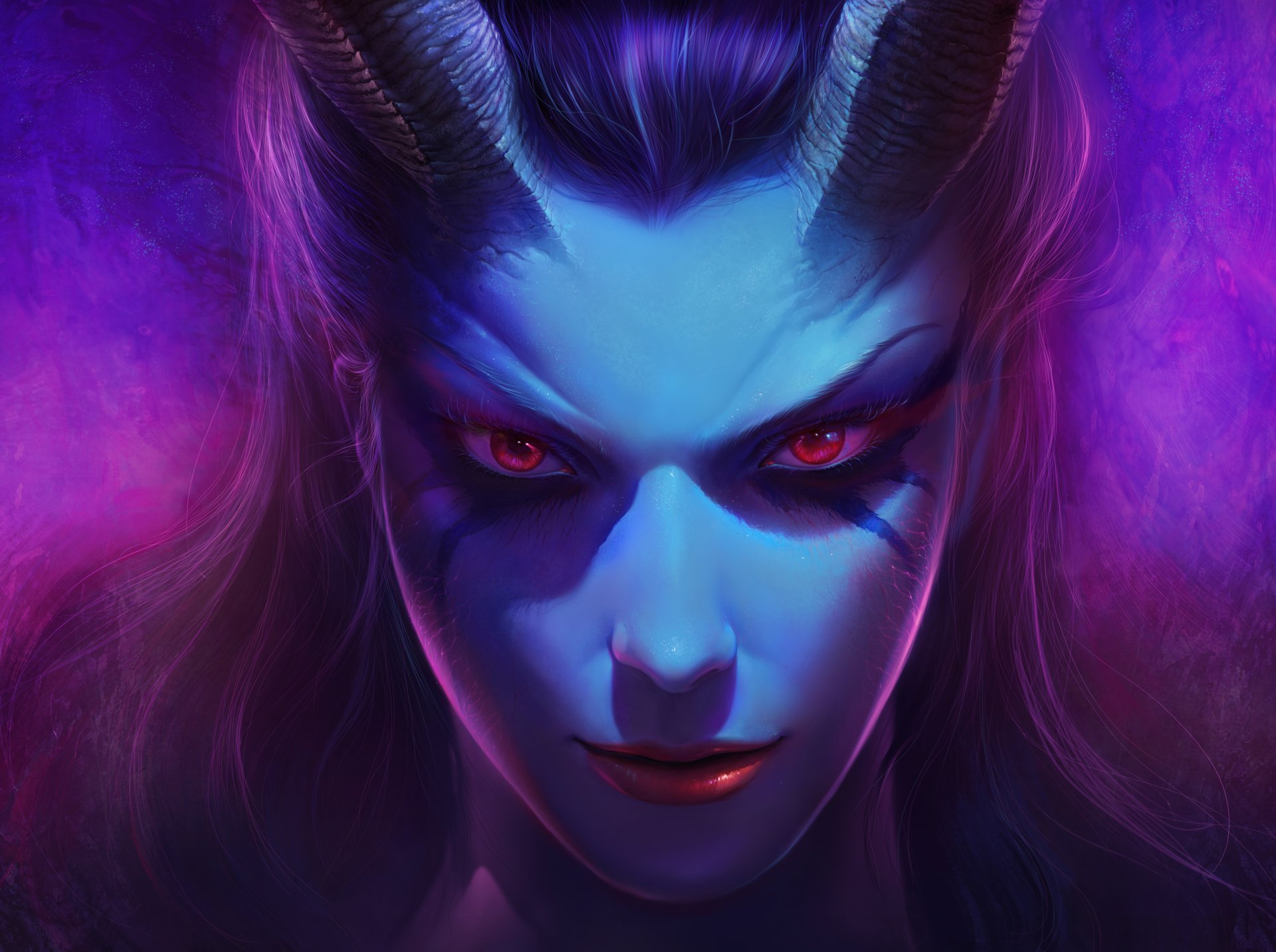Close-up digital artwork of Queen of Pain from DotA 2, featuring her intense red eyes, blue skin, and dark horns in a fantasy video game style.