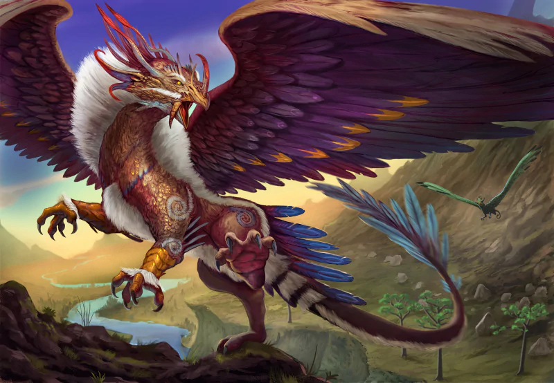 A majestic fantasy griffin with vibrant plumage spreads its wings, perched on a rocky outcrop overlooking a lush, mountainous landscape under a colorful sky.