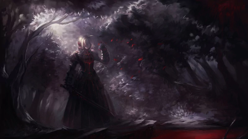 Saber Alter stands ominously in a dark, twisted forest, holding her weapon. The scene captures the haunting atmosphere of the anime Fate/Stay Night.
