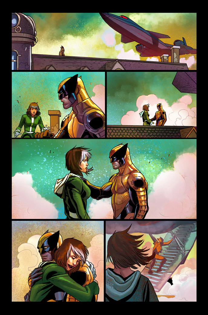 Uncanny Avengers comic page: Wolverine in yellow armor embraces Rogue on a rooftop, sharing a comforting hug across several panels beneath a pastel sky.