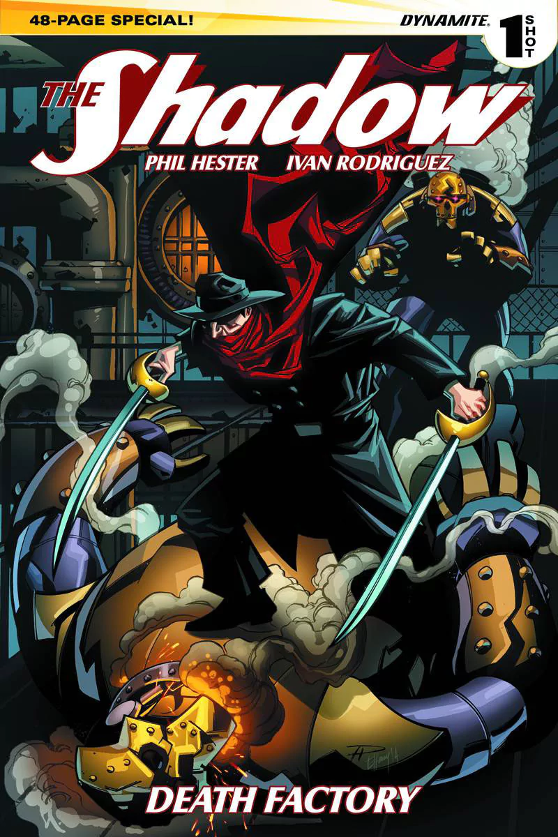Comic — The Shadow: masked vigilante in a wide-brim hat and red scarf brandishing twin glowing knives as he leaps atop a smoking mechanical monster; cover text reads Death Factory.