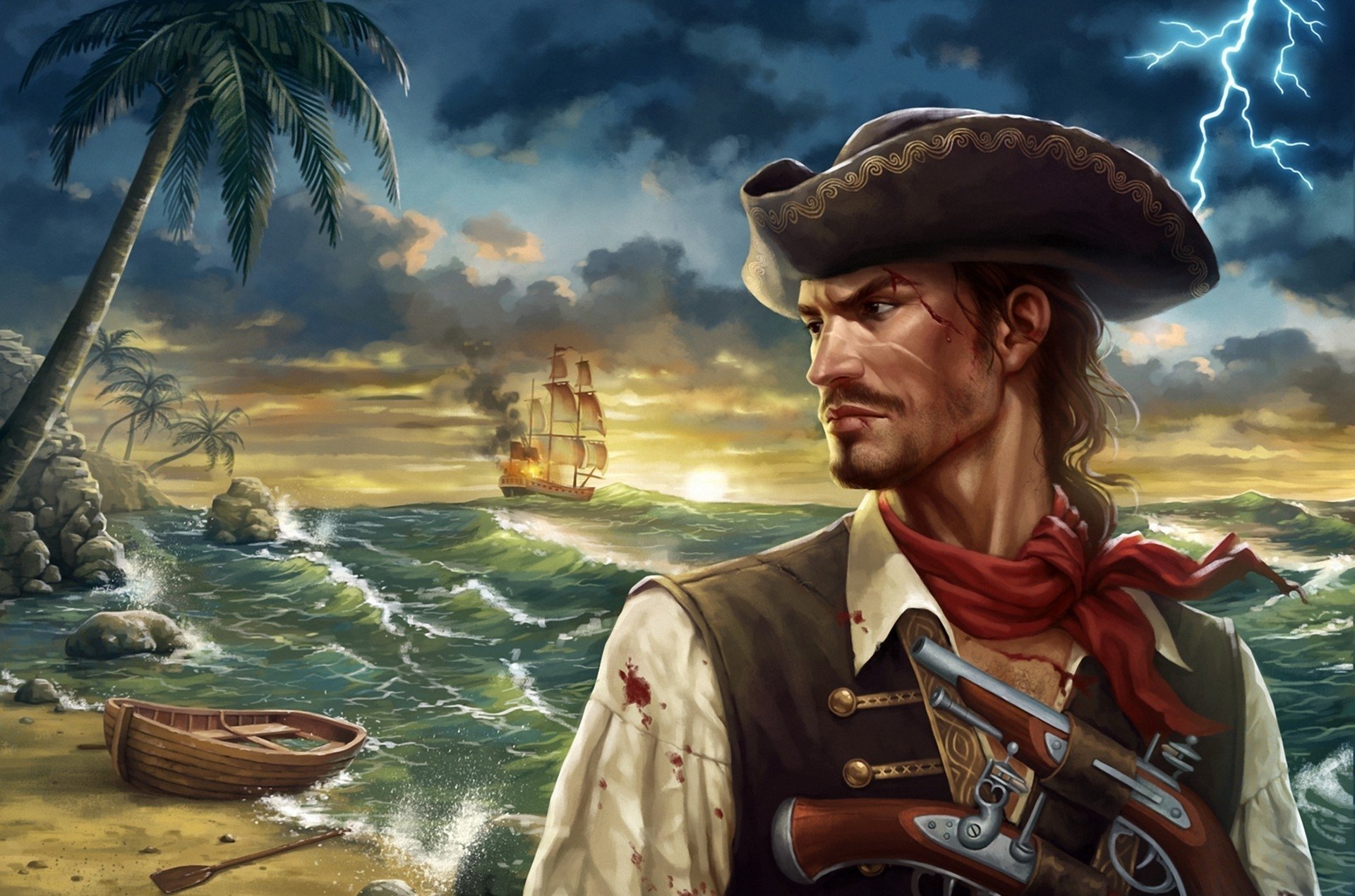 Scarred pirate with a flintlock pistol stands on a tropical bay, gazing at a sailing ship on the stormy sea beneath lightning — a fantasy pirate scene.