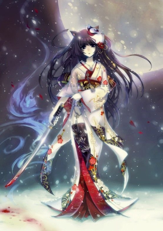 Anime yokai woman in an ornate kimono with a fox mask, long dark hair and a glowing blade, ethereal tails and drifting petals under a snowy, moonlit sky.