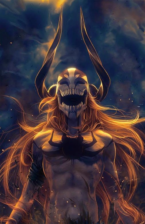 Ichigo Kurosaki from the anime Bleach, depicted in a dramatic pose with long, flowing hair and a striking mask, emanating an intense and powerful presence.