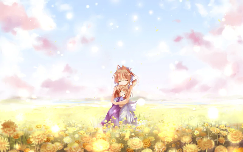 A heartwarming scene from the anime Clannad, depicting two characters embracing in a bright, flower-filled field under a pastel sky.