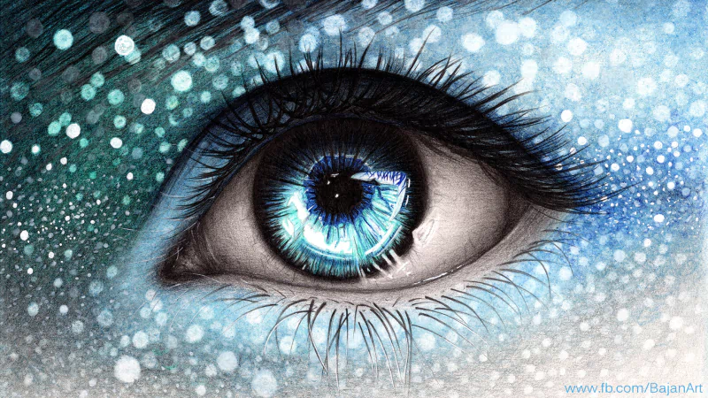 A mesmerizing blue eye featured in a fantasy drawing, surrounded by artistic splashes of color and shimmering dots, creating a captivating and ethereal atmosphere.