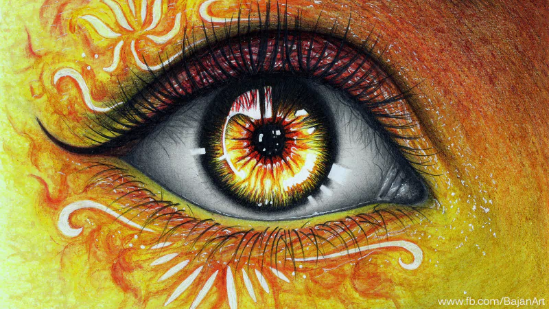 A detailed fantasy drawing of an eye with fiery orange and yellow flames radiating from the iris, blending artistic swirls into the surrounding skin.
