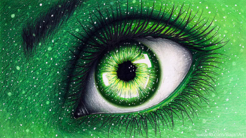 A vibrant fantasy drawing of a green eye with detailed eyelashes, set against a textured green background sprinkled with white specks.
