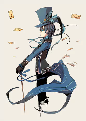 Anime depiction of Ciel Phantomhive from Black Butler in profile, wearing a blue top hat and tailcoat, cane in hand as ribbons and letters swirl around him.