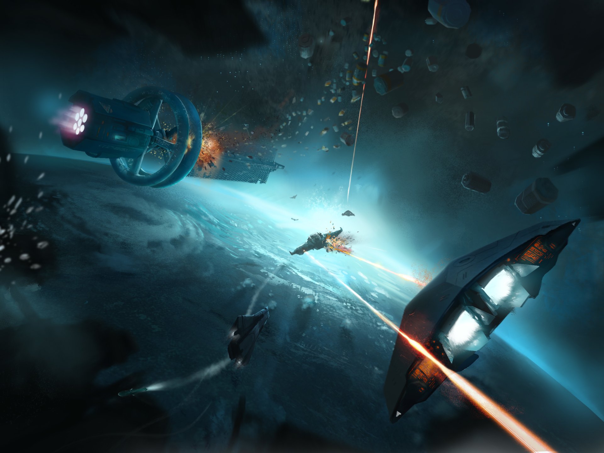 Elite: Dangerous sci‑fi scene: starfighters duel near a bright star and drifting asteroid field, lasers and debris streaking through a blue-lit void.