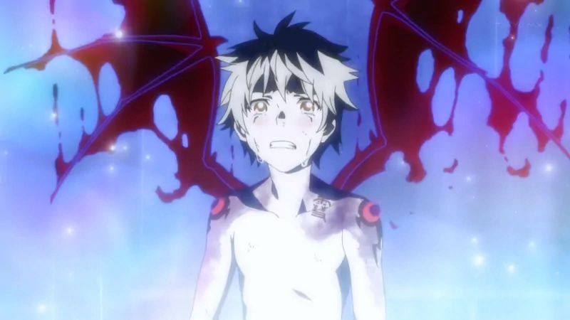 Noragami fantasy anime: a pale, shocked youth stands shirtless as crimson, blood-like demonic wings unfold during a dramatic demon transformation against a glowing backdrop.