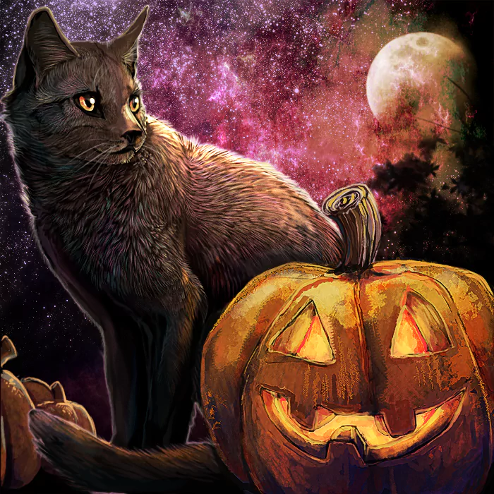 A black cat stands beside a carved pumpkin against a cosmic backdrop with a glowing moon, capturing the spirit of Halloween in a magical, space-themed scene.