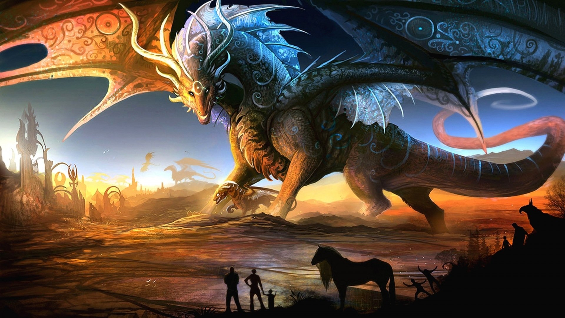 A majestic fantasy dragon with vibrant wings stands tall in a glowing landscape as tiny human figures and a horse watch from the foreground.