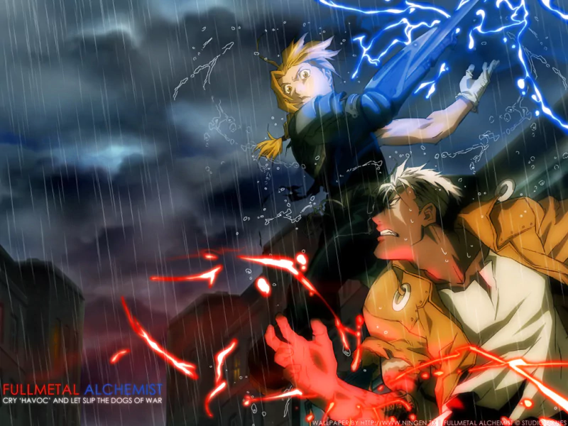 Dramatic Fullmetal Alchemist anime scene with two characters harnessing lightning and red alchemical energy during a heavy storm at night.