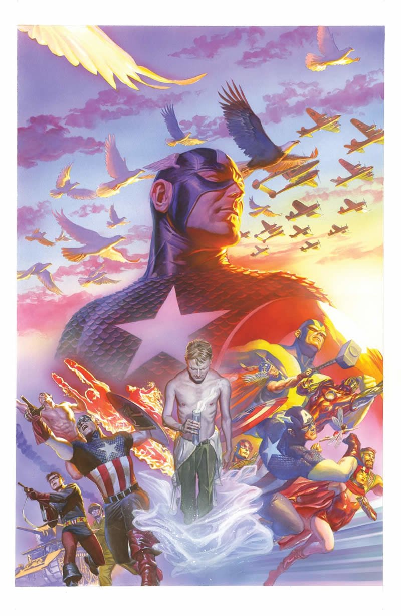 A vibrant comic scene featuring Captain America surrounded by various heroes and aircraft, embodying themes of heroism and unity against a colorful sunset backdrop.