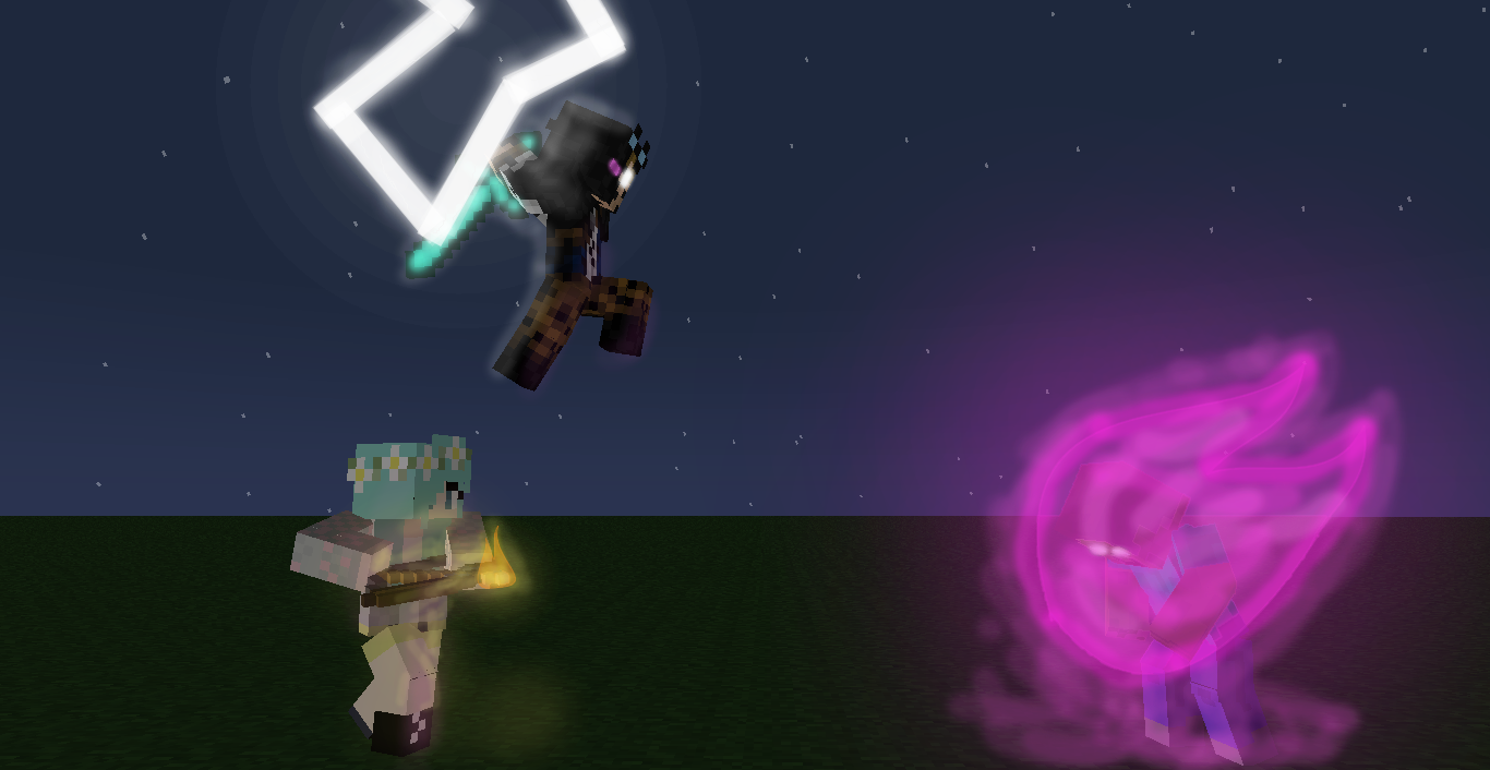 Two characters engage in combat in a Minecraft scene, with one jumping high, wielding a glowing weapon, while the other ignites colorful magical energy amidst a night sky.
