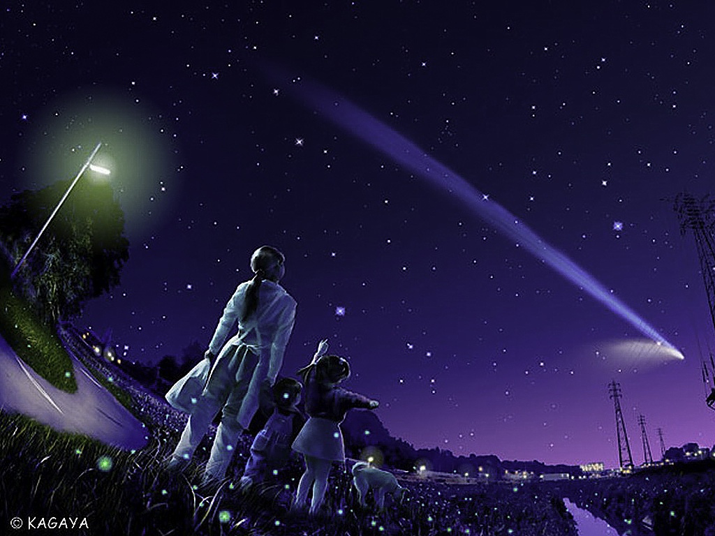 Музыка смотря на звезды. Ютака Кагайя. Ютака Кагая японский художник. Падающая звезда. Звездопад.