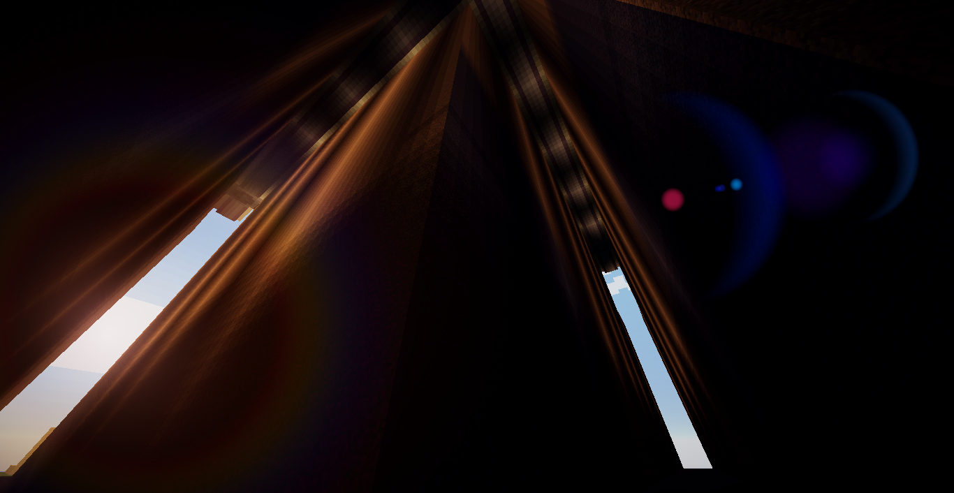 Dark, towering pillars illuminated by narrow beams of light, creating a dramatic atmosphere in this Minecraft video game scene.