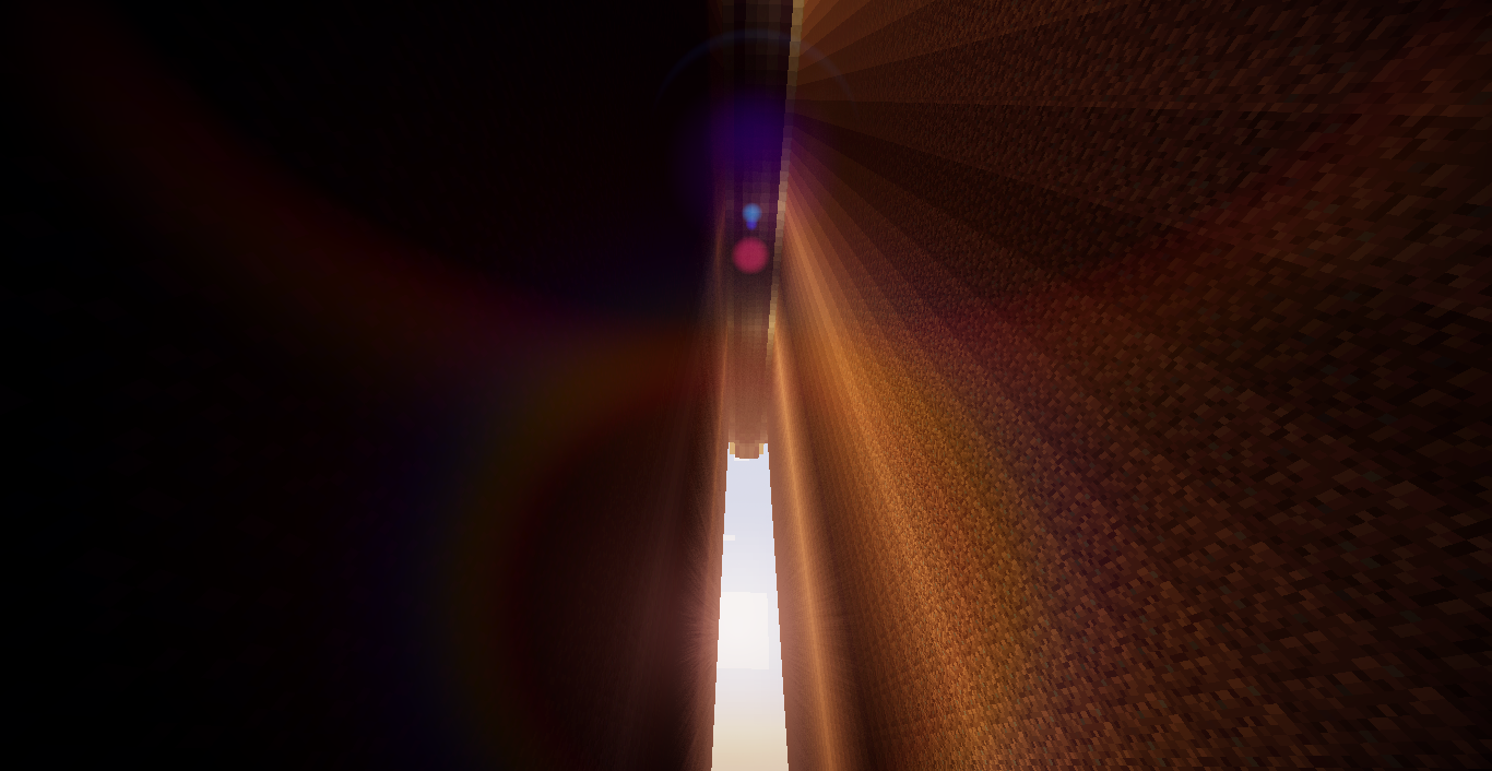 A narrow, glowing crevice inside a dark cavern, rendered in the blocky, pixelated style of the video game Minecraft.