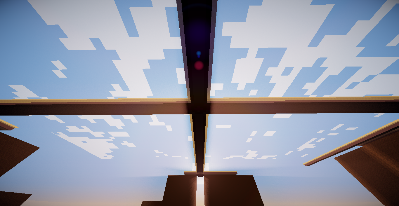 A Minecraft scene looking upward through a glass roof with blocky clouds and a glowing purple ender pearl in the center beam.