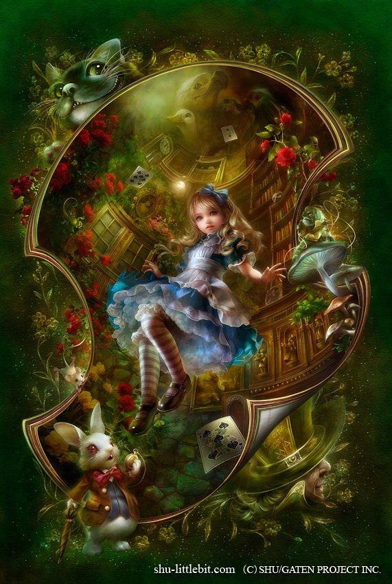 Fantasy Alice in Wonderland: young Alice in a blue dress drifts through a golden, rose-strewn clockwork realm with the White Rabbit, playing cards and a grinning Cheshire Cat.