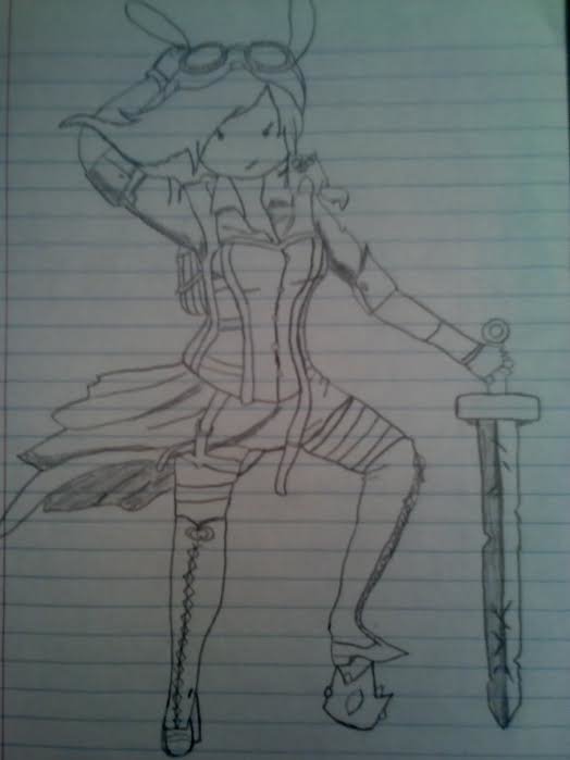 Artistic cartoon pencil sketch of a steampunk-style warrior in goggles and corset, kneeling with one hand behind head and a patterned sword planted at their side.