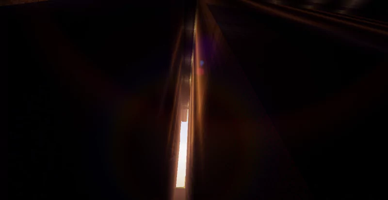 A narrow gap in Minecraft reveals a glowing light, creating a mysterious and atmospheric scene typical of the game's immersive environments.