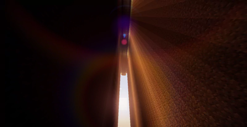 A narrow, glowing crevice inside a dark cavern, rendered in the blocky, pixelated style of the video game Minecraft.