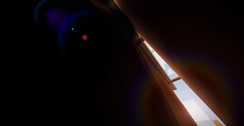 A narrow view through a dark gap, with light streaming in, creating a dramatic contrast. This captivating scene is set in the world of the video game Minecraft.