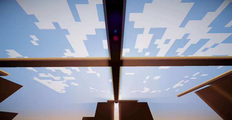 A Minecraft scene looking upward through a glass roof with blocky clouds and a glowing purple ender pearl in the center beam.