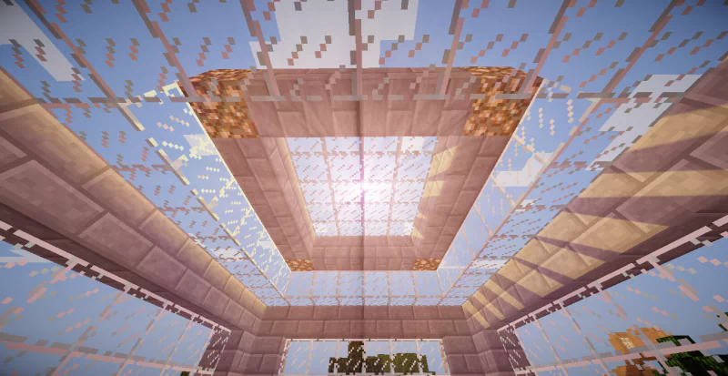 A bright, symmetrical glass ceiling structure in the video game Minecraft, featuring pink stone blocks and glowing light blocks against a blue sky.