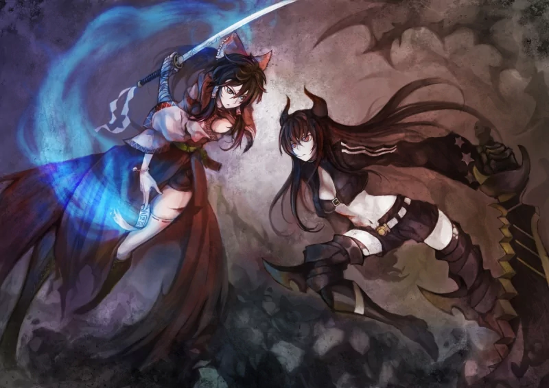 Anime-style artwork featuring two Black Rock Shooter characters poised in dynamic, contrasting stances against a smoky, dramatic background.