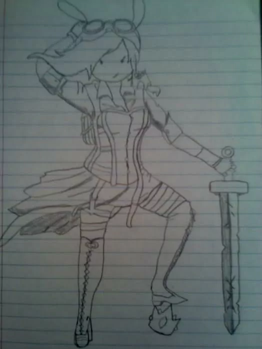 Artistic cartoon pencil sketch of a steampunk-style warrior in goggles and corset, kneeling with one hand behind head and a patterned sword planted at their side.