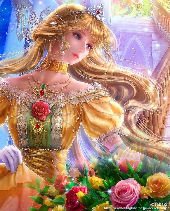 A fantasy woman with flowing golden hair and a jeweled tiara wears an ornate yellow dress, surrounded by vibrant roses and bathed in soft, magical light.