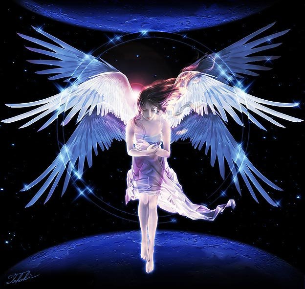 Fantasy angel with luminous white and blue wings floats above a glowing planet, hands clasped, bathed in stars and ethereal blue light.