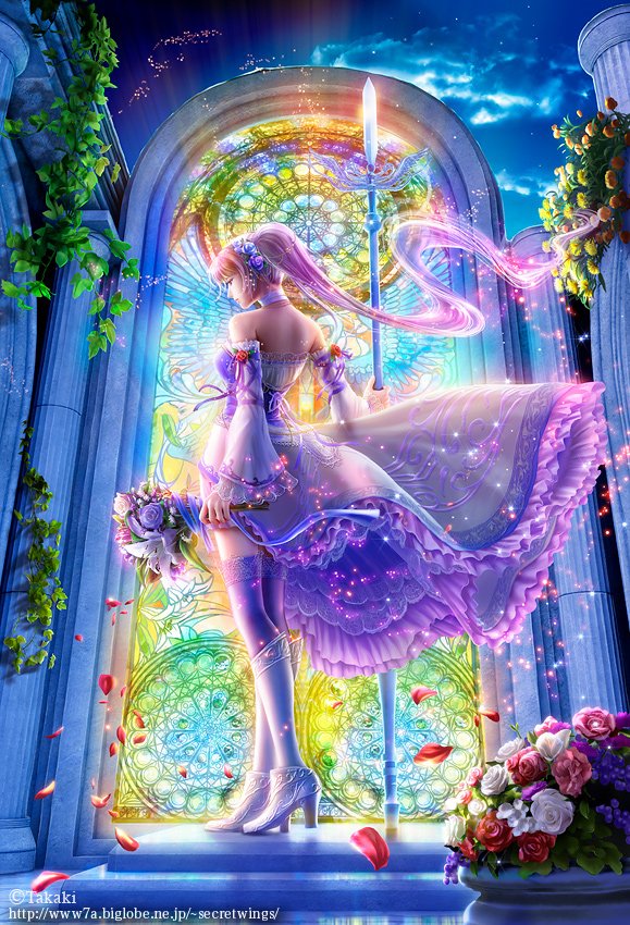 A fantasy scene featuring a woman warrior poised elegantly, adorned in a flowing dress and wielding a spear, with colorful stained glass in the background and flowers at her feet.